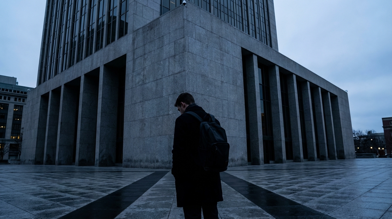 אדם עומד לבדו מול בניין בנק גדול, מסמל את ניגוד האינטרסים מול יועץ המשכנתאות של הבנק.