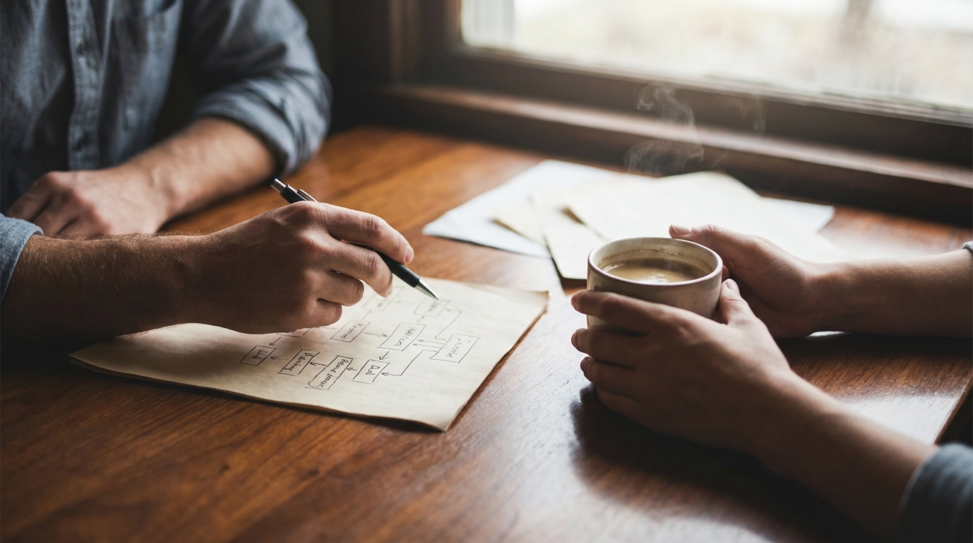 פגישת ייעוץ אישית עם יועץ משכנתאות פרטי המסביר תהליכים בצורה ברורה.