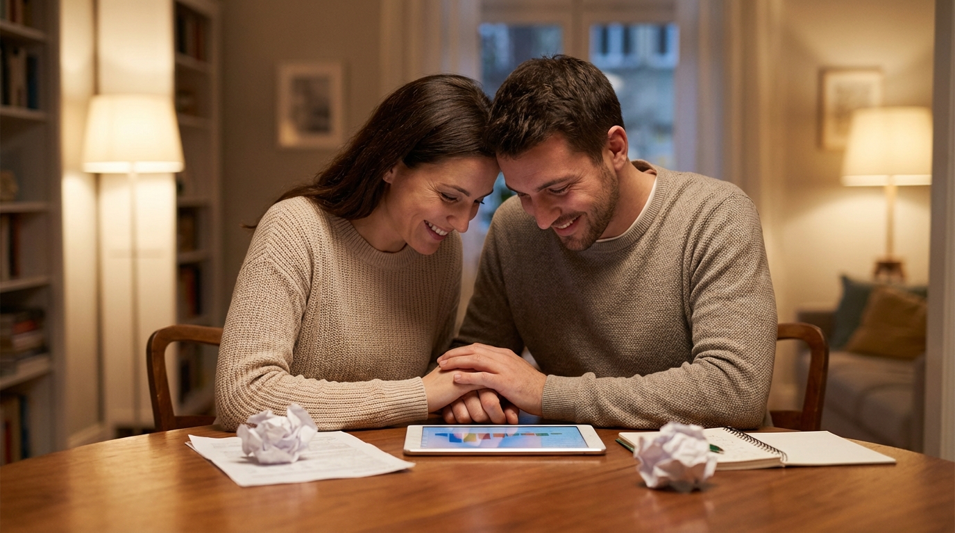 זוג עובד יחד על מיפוי המצב הפיננסי הקיים כשלב ראשון בתכנון כלכלי למשפחה.