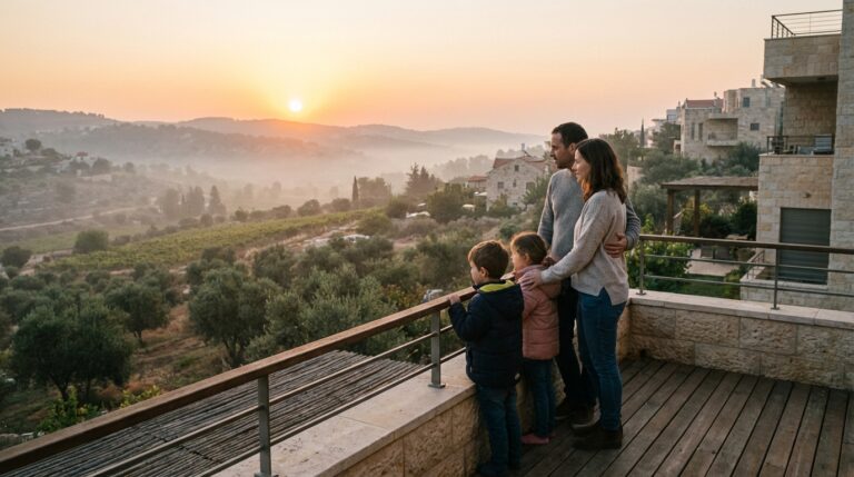 משפחה צופה לעבר עתיד כלכלי בטוח בזכות תכנון פיננסי נכון.