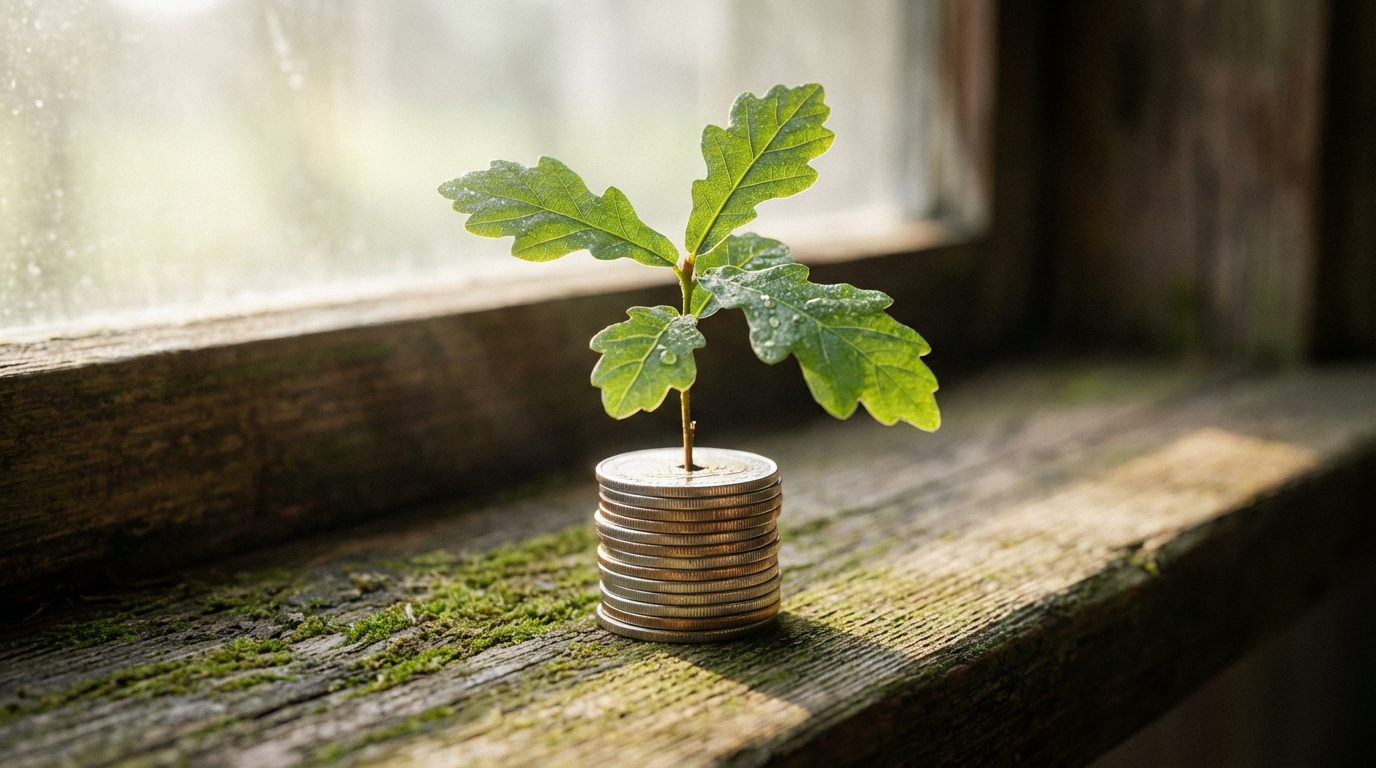 צמח קטן הגדל מתוך ערימת מטבעות, מסמל את צמיחת החיסכון וההשקעות המשפחתיות.