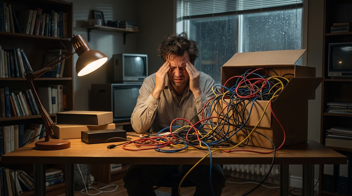 אדם מבולבל מול ערימת מסמכים וחוזים המייצגים כפל ביטוחי