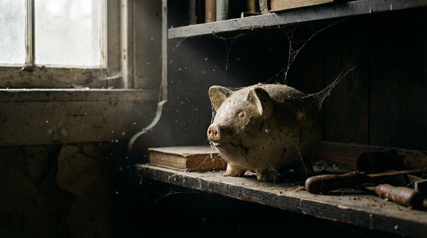 קופת חיסכון מאובקת ומוזנחת, המסמלת כסף שאינו עובד ונשאר סטטי בפיקדון בנקאי.