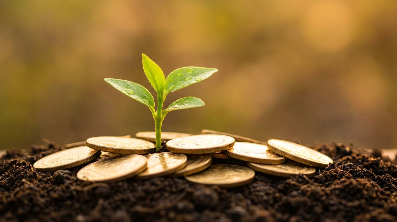 שתיל ירוק ורענן צומח מתוך ערימת מטבעות, סמל לצמיחה כלכלית דרך השקעות נכונות.