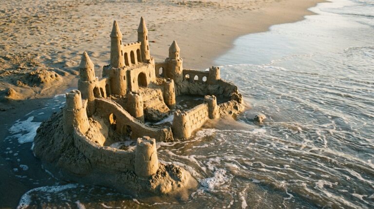 ארמון חול שהגלים שוחקים אותו כמטאפורה לכסף בפיקדון בנקאי שנשחק על ידי האינפלציה