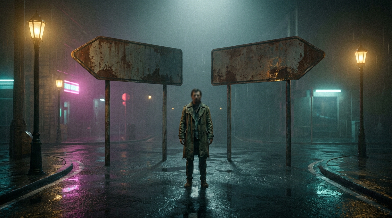 אדם עומד בצומת דרכים פיננסית, מסמל את ההתלבטות בין פוליסת חיסכון לתיק השקעות.