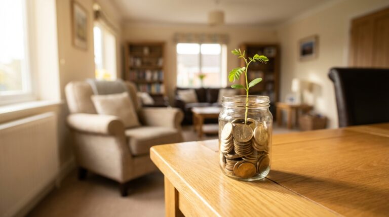 איור של צמח גדל ממטבעות בתוך צנצנת שקופה, המסמל את הצמיחה והשקיפות של קופת גמל להשקעה.