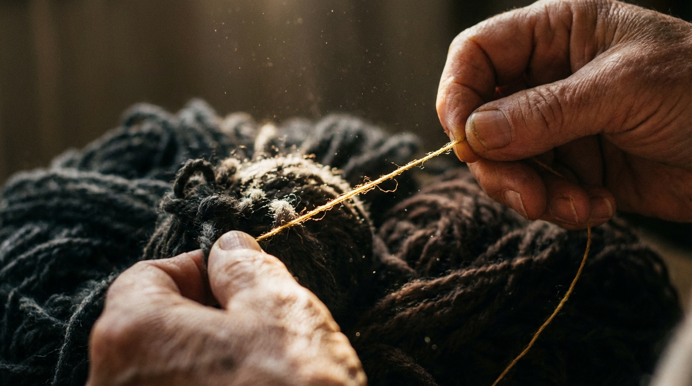 ידיים המפרידות חוט זהב מתוך פקעת סבוכה, כמטאפורה למציאת הפתרון הפנסיוני הנכון.