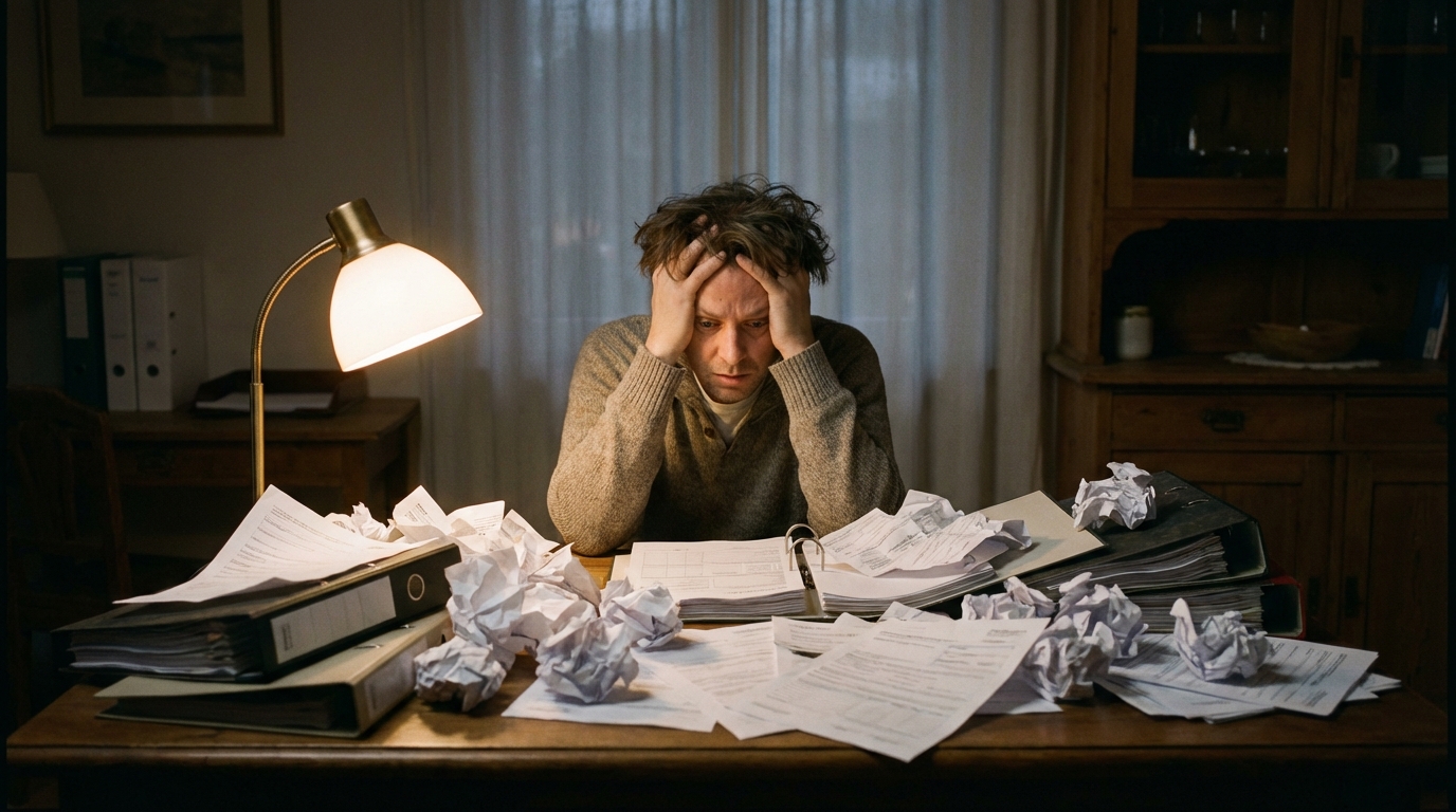 אדם מתוסכל מול ערימת ניירת פנסיונית, המייצג את הקושי לעקוב אחר החסכונות.