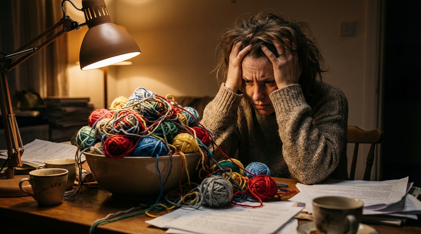 אדם מתוסכל מול פקעת חוטים סבוכה המייצגת את מורכבות ההחלטות הפנסיוניות.