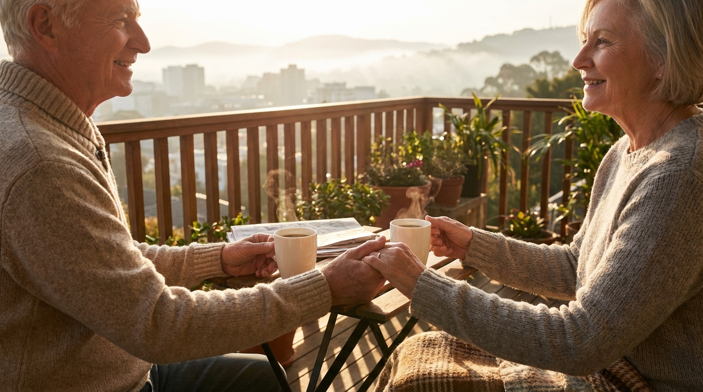זוג פנסיונרים רגוע ונינוח שותה קפה במרפסת, מסמל את הביטחון הכלכלי שמקנה קצבה מקופת גמל להשקעה.