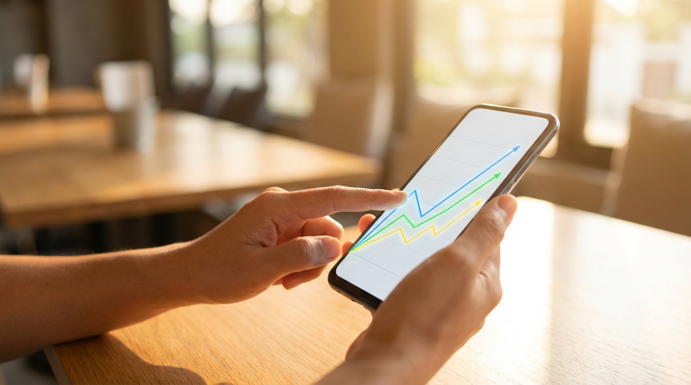 ידיים מחזיקות טלפון חכם ומבצעות התאמה בגרף השקעות, המדגים את הגמישות במעבר בין מסלולים בקופת גמל להשקעה.