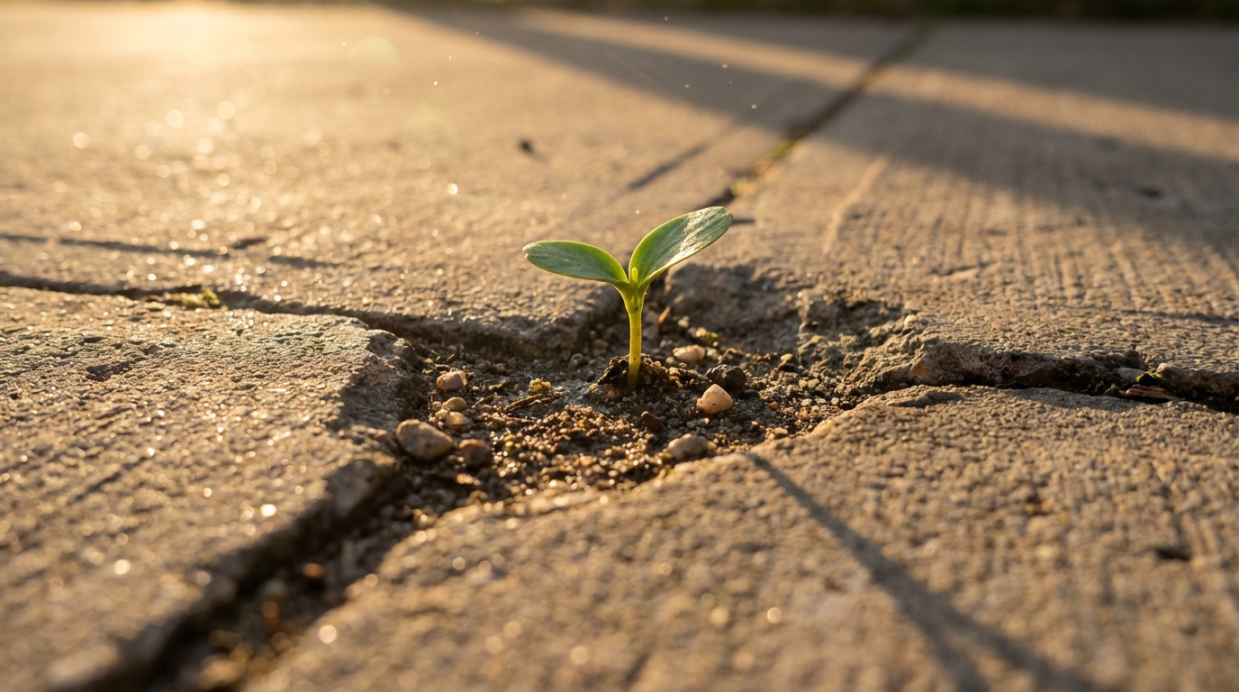 צמח ירוק צומח מתוך בטון, כמטאפורה לכוח הצמיחה הפטור ממס של קרן ההשתלמות