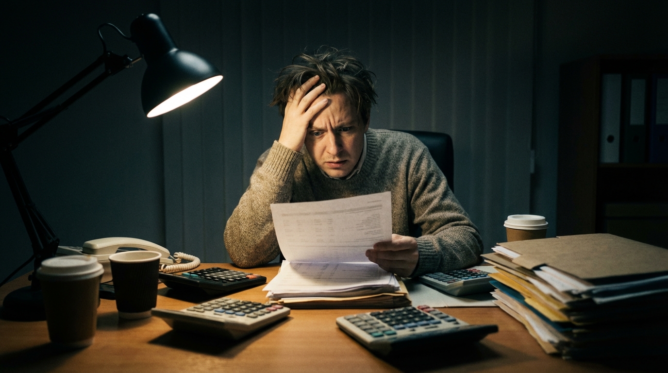 אדם מתוסכל מול מסמכים פיננסיים מורכבים, המייצג את כאב הראש והעלויות הכרוכות בניהול תיק השקעות דרך הבנק.