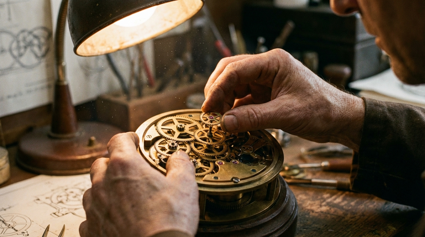 ידיים המרכיבות מנגנון שעון מורכב, סמל לתכנון פיננסי מדויק ומקצועי.