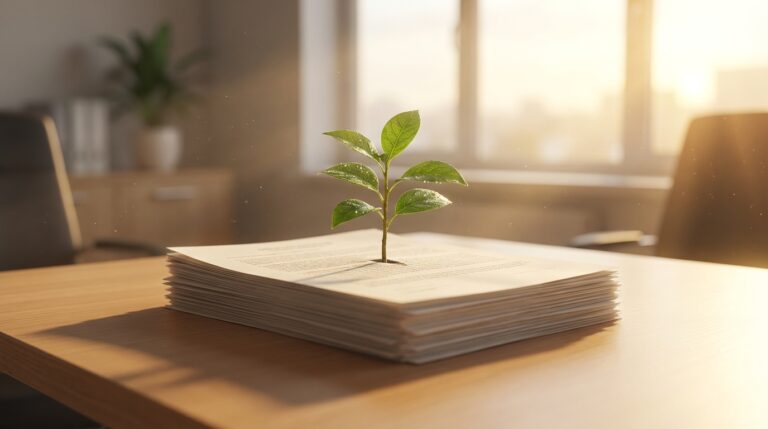 צמח הגדל מתוך מסמכים, מסמל צמיחה פיננסית והטבות מס על הפקדות לקופת גמל.