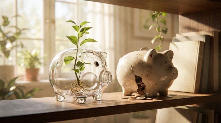 קופת חיסכון שקופה עם צמח צומח בתוכה לצד קופת חיסכון ישנה שדולף ממנה כסף, כמטאפורה ליתרונות תיקון 190 על פני תיק מיועץ בבנק.